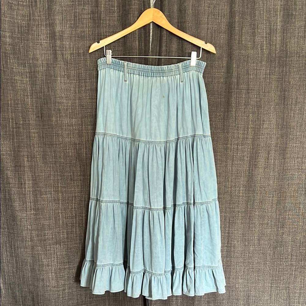 Tianello vintage denim tiered and beltloop midi skirt full circle size small
